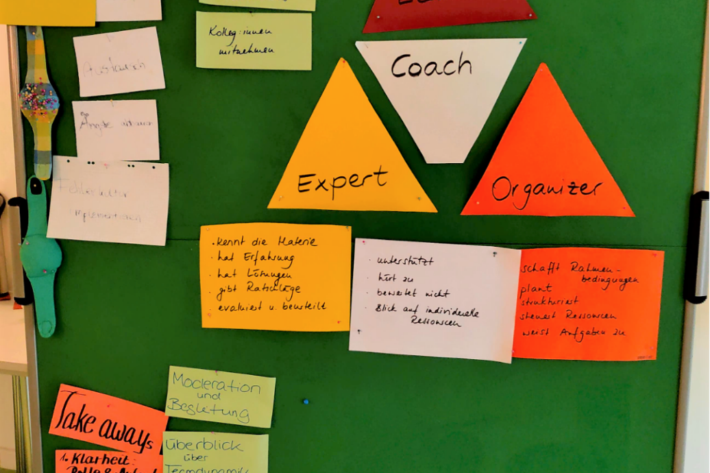 Das Bild zeigt eine Metaplanwand, auf der Karteikarten in unterschiedlichen Farben angepinnt sind, die mit Begriffen aus einer Ideenfindung versehen sind.