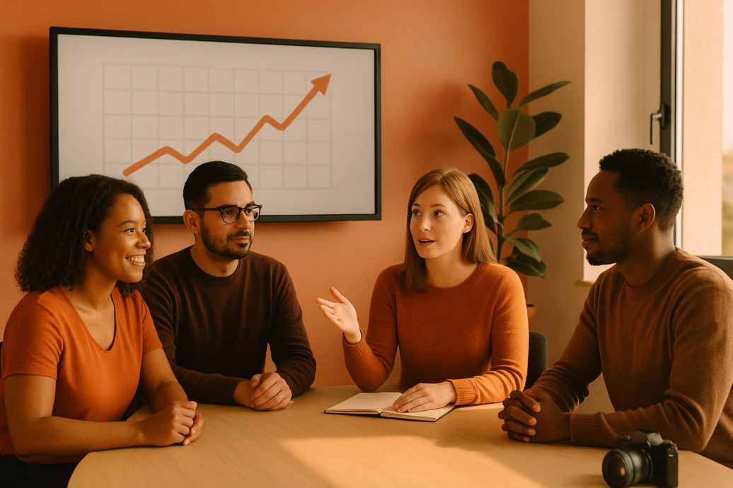 Diverses Team sitzt zusammen an einem Konferenztisch und diskutiert angeregt. Im Hintergrund hängt ein Display, das einen Graph mit Pfeil nach oben anzeigt.