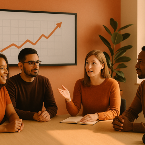Diverses Team sitzt zusammen an einem Konferenztisch und diskutiert angeregt. Im Hintergrund hängt ein Display, das einen Graph mit Pfeil nach oben anzeigt.