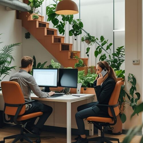 Büro mit vielen Pflanzen. Eine Person sitzt am Schreibtisch vor einem Computer, eine Person telefoniert