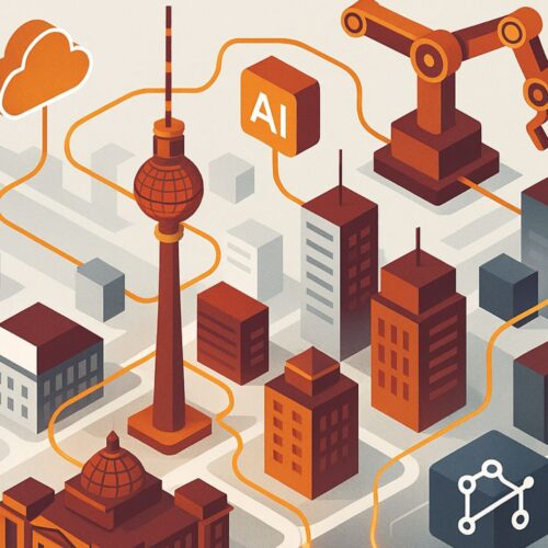 Skizze von Berliner Gebäuden und anderen Elementen wie Bagger und Wolke und KI Symbol
