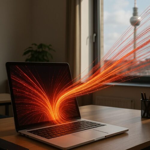 Laptop aus dessn Bildschirm rote Lichtstrahlen schießen, im Hintergrund Berliner Fernsehturm