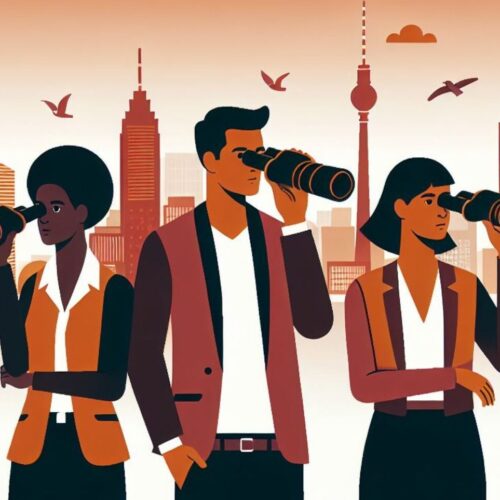 Skizze von 3 Personen mit Ferngläsern