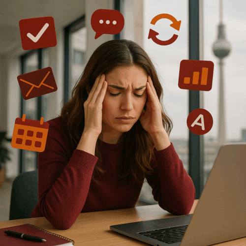 Junge Frau hält sich die Schläfen und runzelt die Stirn, um sie herum fliegen Symbole digitaler Arbeit