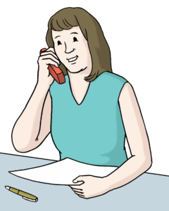 Eine Frau telefoniert. Sie hält ein rotes Telefon. In der anderen Hand hat sie ein Blatt Papier