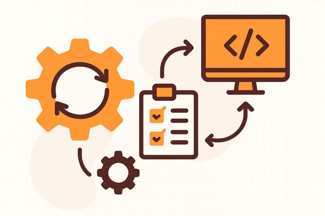Skizze von Zahnrädern, Computer, Checkliste