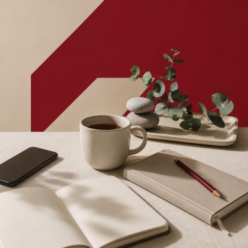 Schreibtisch mit Buch, Tasse, Pflanze