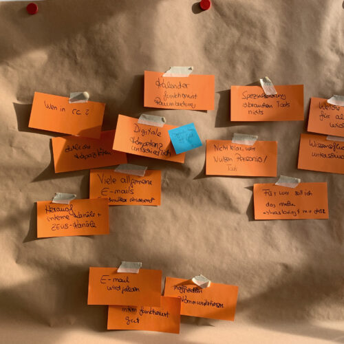 Handbeschriftete orange Moderationskarten auf Packpapier – Ergebnis einer Workshop-Sammlung zu digitaler Zusammenarbeit.
